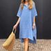 Women's New Cotton and Linen Pure Color Casual Lapel Button Long Dress _mkmklike.com