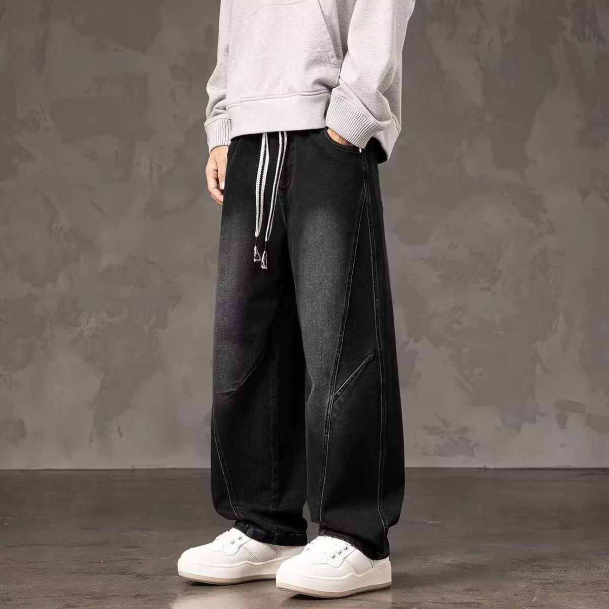 Men's Retro High Street Jeans - Loose Straight Leg Wide Fit Denim Pants For Spring/Autumn (Black & Blue, M-3XL)_mkmklike.com