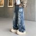 Men's Clothing Oversized Straight Leg Jeans – Streetwear Distressed Denim Pants With Hand-Painted Graffiti (S-3XL, Blue Wash, No Stretch)_mkmklike.com
