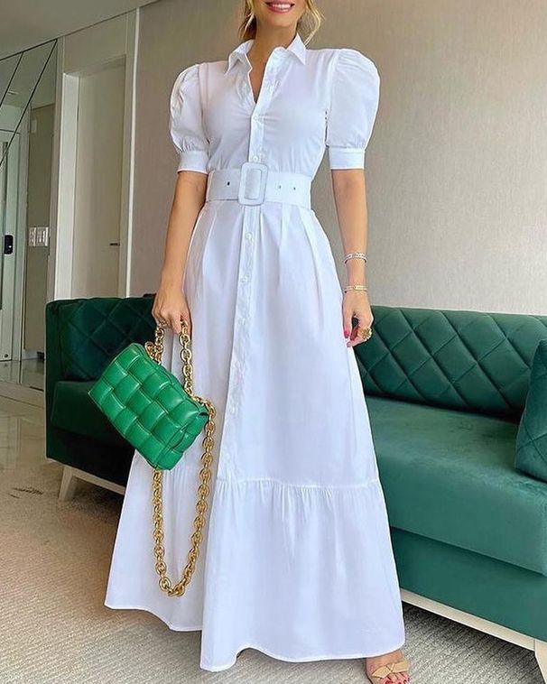 Women's temperament commuting long short-sleeved swing dress with belt_mkmklike.com