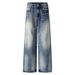 Men's Clothing American High Street Vibe Washed Blue Distressed Cat Whisker Jeans For Men And Women Cleanfit Loose Straight Wide Leg Pants Trend_mkmklike.com