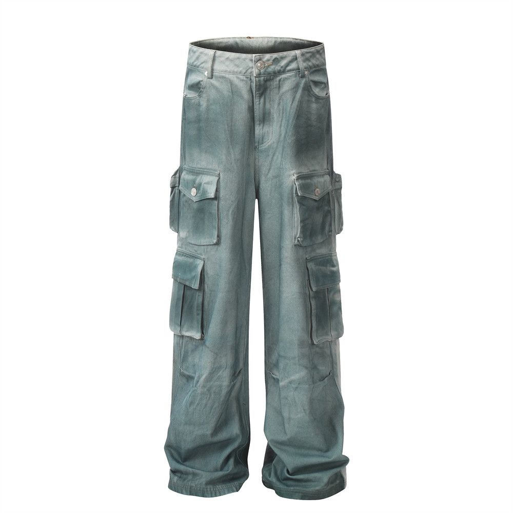 Multi-Pocket Patchwork Cargo Jeans For Men American Style High Waist Straight Pants Design Sense Ins Trend Floor-Length_mkmklike.com