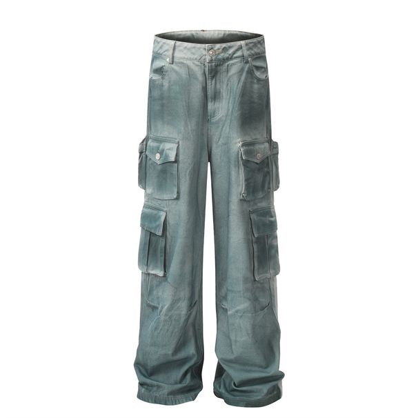 Multi-Pocket Patchwork Cargo Jeans For Men American Style High Waist Straight Pants Design Sense Ins Trend Floor-Length_mkmklike.com