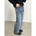 Men's Vintage Washed Blue Straight Jeans – Relaxed Fit, Wide-Leg & Long Hem (Effortless Street Style & Retro Appeal)_mkmklike.com