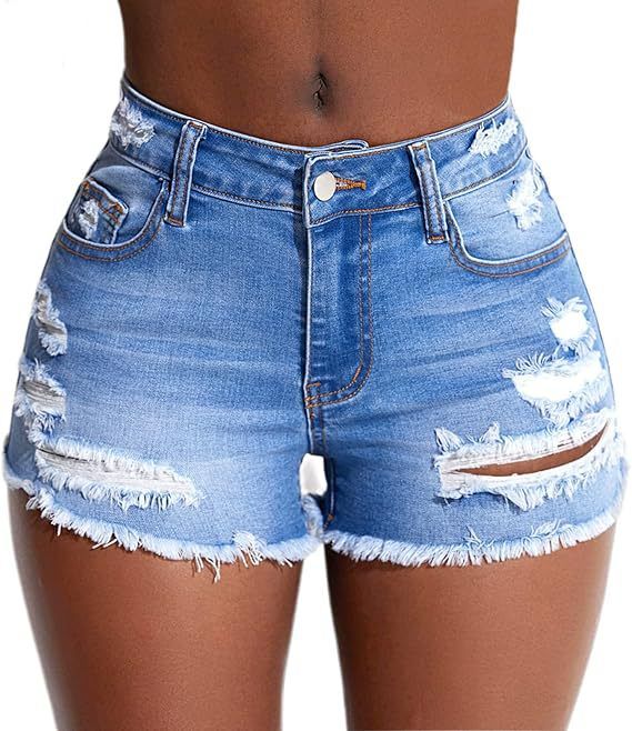 Women's Stretchy High-Waisted Ripped Denim Shorts - Summer Fashion, Comfort Fit, Streetwear Style (S-XXL, Light Blue/Dark Blue)_mkmklike.com