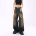 Men's Vintage Washed Jeans - High Street Style With Yellow Mud Dye, Oversized Dad Fit Straight Leg Pants For Streetwear_mkmklike.com