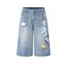 Unisex Distressed Denim Capri Pants Retro Style Embroidered Baggy Fit Knee-Length Shorts Comfortable Men's Clothing_mkmklike.com