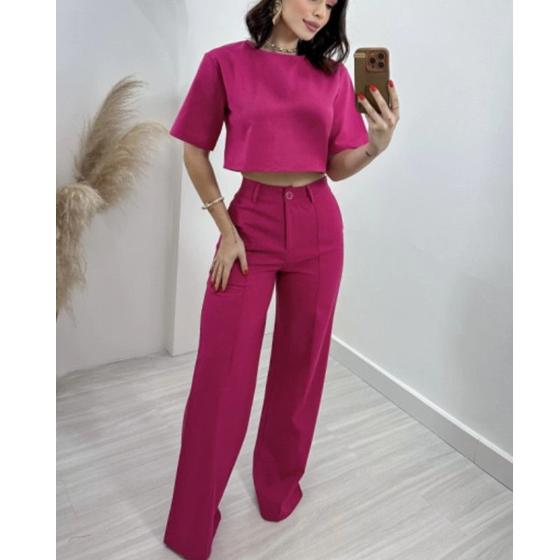 Women's Clothing new fashion cotton and linen short tops high waist wide leg suit pants _mkmklike.com