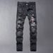 European And American Trendy Brand Fashion Personality Ripped Rhinestone Patch Jeans Men High Street Black Slim Fit_mkmklike.com