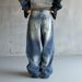 Men's Loose Fit Straight Leg Distressed Denim Jeans With Graffiti Wash - Vintage Blue Casual Streetwear Pants_mkmklike.com