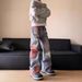 European, American High Street Spring And Autumn Sunset Lace Print Jeans Men's American Street Loose Splicing Floor Pants_mkmklike.com