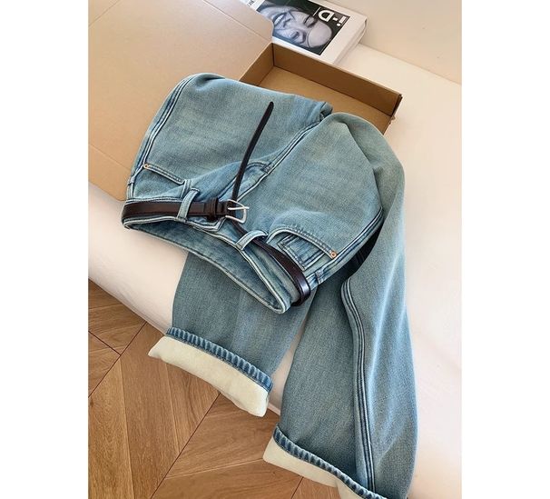 Women’S Light Blue Flared Jeans – High-Waisted Straight-Leg Fleece-Lined Winter Pants (S-2xl, Stretch-Free Cotton Denim)_mkmklike.com