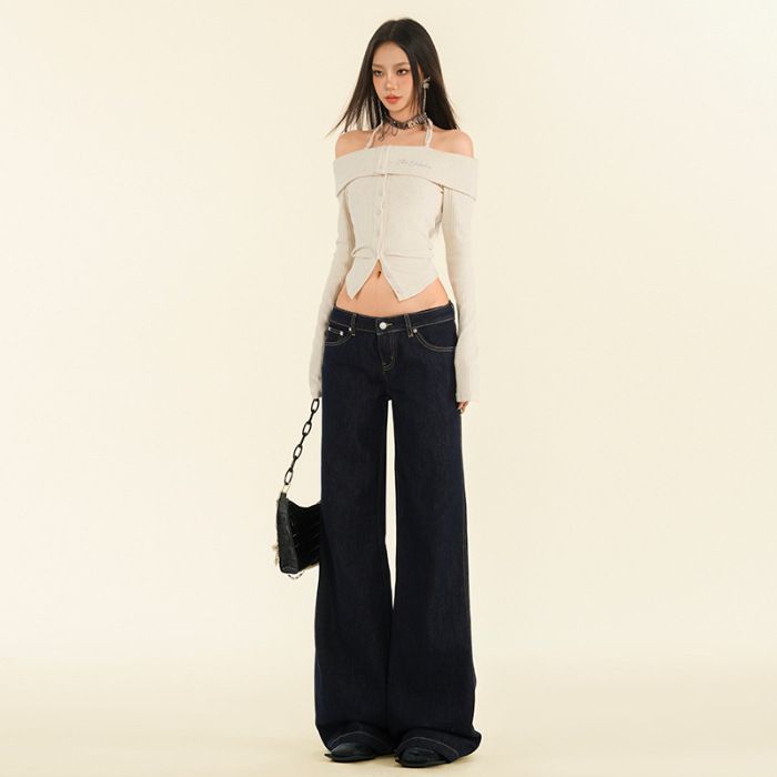 Vintage Dark Blue Low-Rise Flared Jeans For Women - Stretchy Cotton Bootcut Pants With Distressed Wash, High Waist Slim Fit & Comfortable Trousers_mkmklike.com