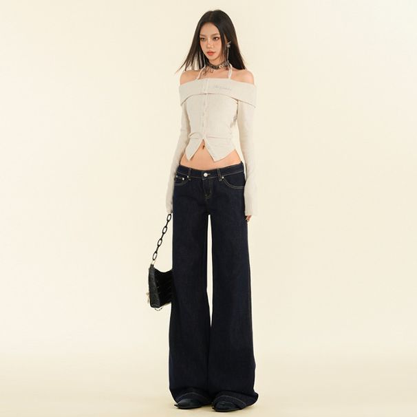 Vintage Dark Blue Low-Rise Flared Jeans For Women - Stretchy Cotton Bootcut Pants With Distressed Wash, High Waist Slim Fit & Comfortable Trousers_mkmklike.com