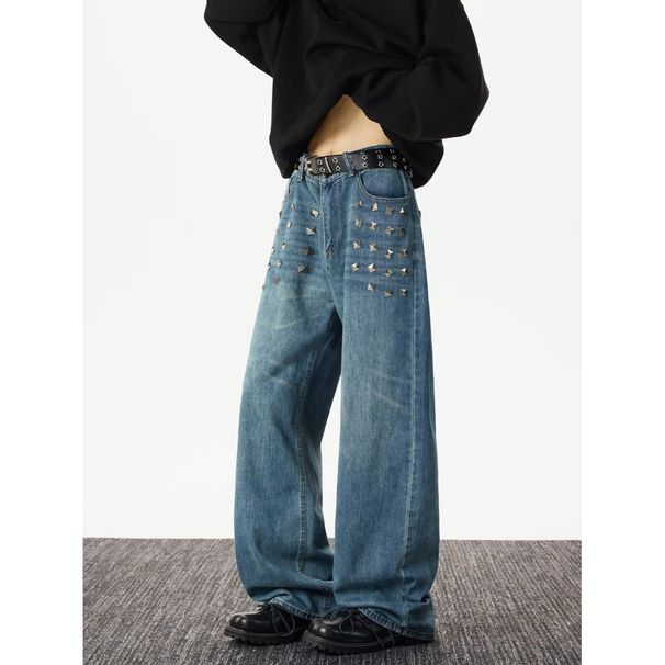 Vintage Studded Denim Jeans – 90s Grunge Streetwear Pants With Rhinestone & Metal Accents (S-3XL)_mkmklike.com