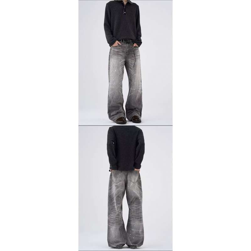 Retro Streetwear Distressed Jeans – Vintage Washed Wide-Leg Denim With Artistic Whiskering & Splatter Effect, Unisex Relaxed Fit_mkmklike.com