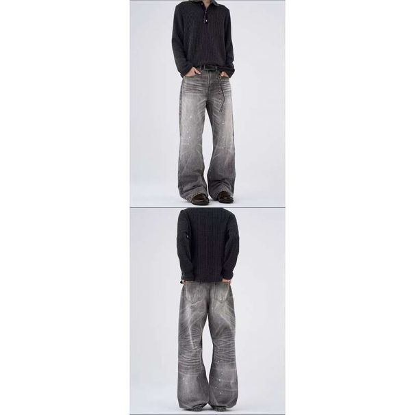Retro Streetwear Distressed Jeans – Vintage Washed Wide-Leg Denim With Artistic Whiskering & Splatter Effect, Unisex Relaxed Fit_mkmklike.com