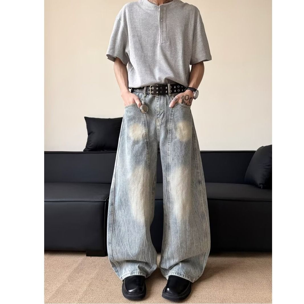 Men's Streetwear Deconstructed Wide-Leg Jeans – Vintage Washed Light Blue (S-3XL)_mkmklike.com