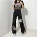 Women's Clothing Design Printed Metal Buckle Denim Drape Trousers_mkmklike.com