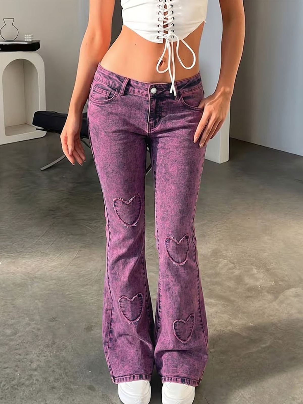 Retro Purple Washed Heart Appliqué Flared Jeans High Waisted Elastic Floor Length Pants for Women by PY1113GY_mkmklike.com