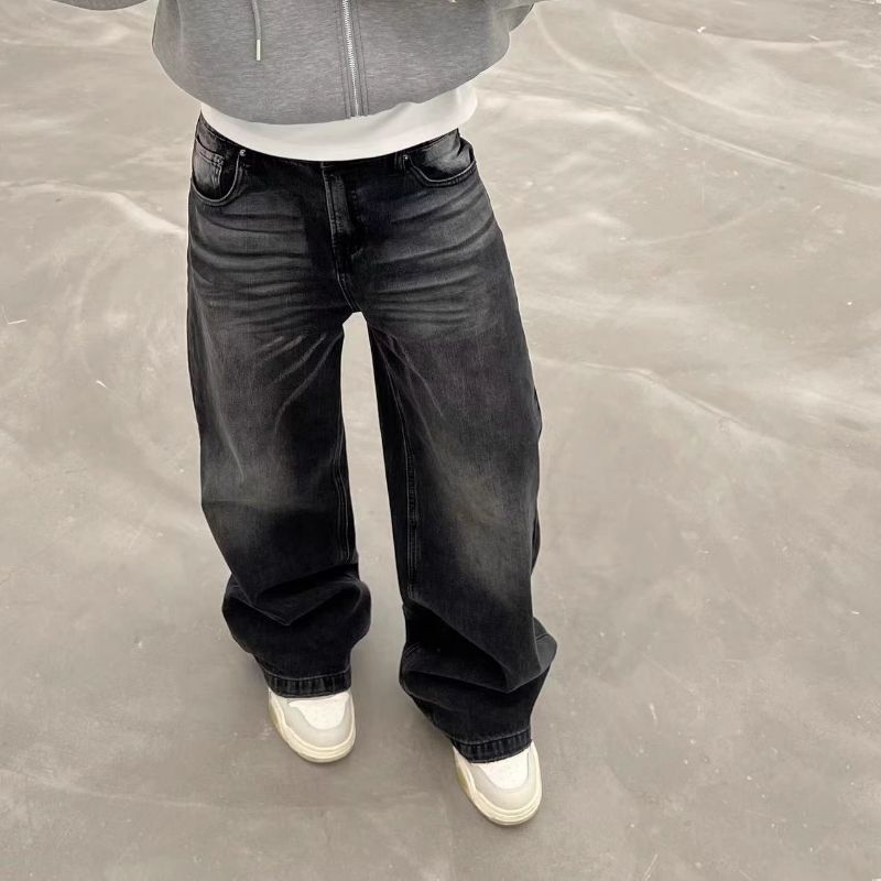 Men's American Vintage Washed Black Jeans - Relaxed Wide Leg Fit, Distressed Cat Whisker Details, Cleanfit Unisex Style_mkmklike.com