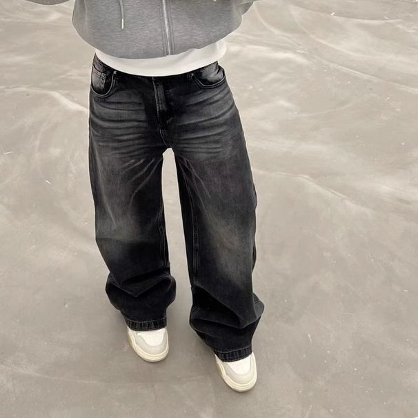 Men's American Vintage Washed Black Jeans - Relaxed Wide Leg Fit, Distressed Cat Whisker Details, Cleanfit Unisex Style_mkmklike.com