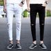 Ripped Knee Jeans Men's Small Feet Slim-Fit Skinny Black Pants Skinny Ripped Men's Pants_mkmklike.com