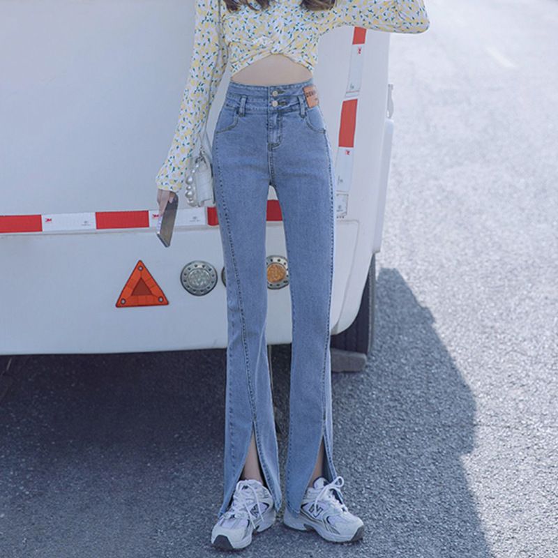 Women's Retro High-Waisted Stretch Slim Fit Flared Jeans Korean Style Straight Leg with Slit And Flowing Drape_mkmklike.com