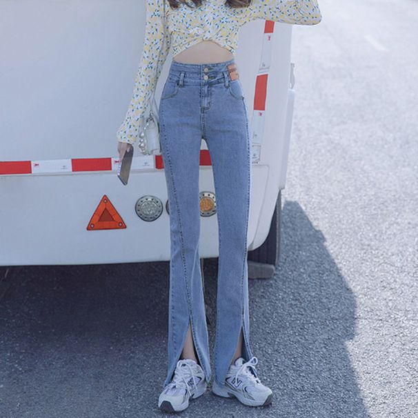 Women's Retro High-Waisted Stretch Slim Fit Flared Jeans Korean Style Straight Leg with Slit And Flowing Drape_mkmklike.com