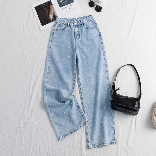 Women's Clothing Vintage-Inspired High Waist Wide Leg Jeans For Women - Embroidered Denim Pants With Floral Bead Accents In Dark Blue & Light Blue_mkmklike.com