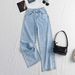 Women's Clothing Vintage-Inspired High Waist Wide Leg Jeans For Women - Embroidered Denim Pants With Floral Bead Accents In Dark Blue & Light Blue_mkmklike.com
