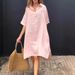 Women's New Cotton and Linen Pure Color Casual Lapel Button Long Dress _mkmklike.com