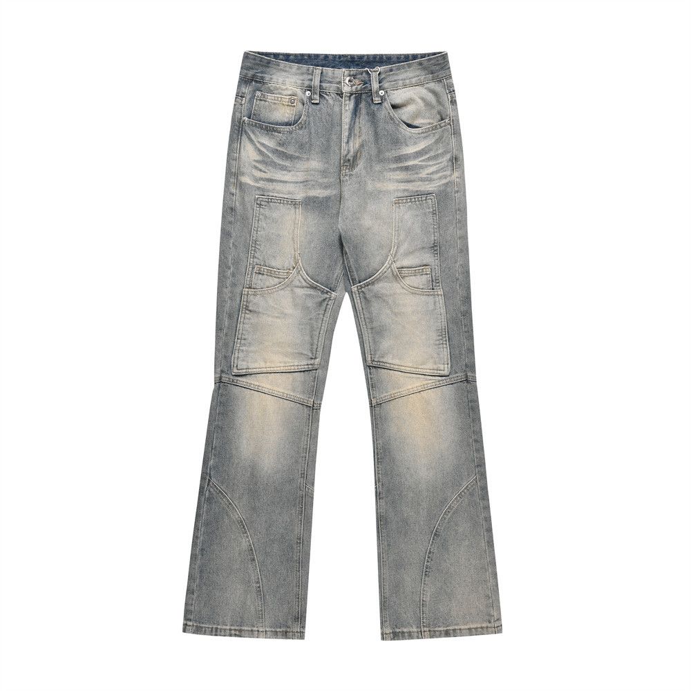 Men's Clothing Trend Micro Flared Jeans Men's Patch Pocket Split Patchwork Washed Wide-leg Pants_mkmklike.com