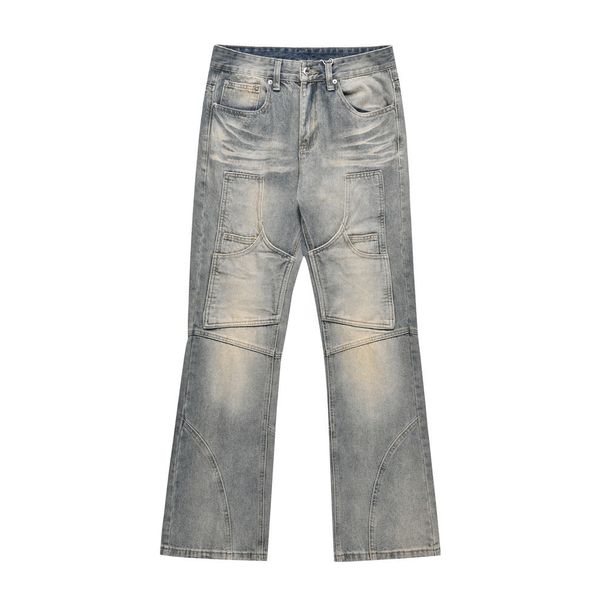 Men's Clothing Trend Micro Flared Jeans Men's Patch Pocket Split Patchwork Washed Wide-leg Pants_mkmklike.com