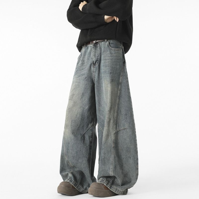 Vintage Washed Denim Jeans For Men – Retro Wide-Leg Flared Pants With Contrast Stitching, 90s Baggy Streetwear Style, Distressed Loose Fit_mkmklike.com