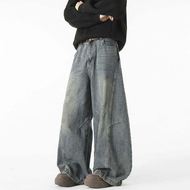 Vintage Washed Denim Jeans For Men – Retro Wide-Leg Flared Pants With Contrast Stitching, 90s Baggy Streetwear Style, Distressed Loose Fit_mkmklike.com