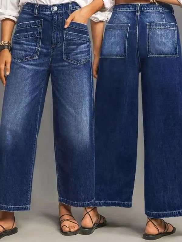 Women's Clothing Relaxed Wide-Leg Jeans - Vintage-Inspired Mid-Rise Stretchy Denim Pants In Classic Blue & Black_mkmklike.com