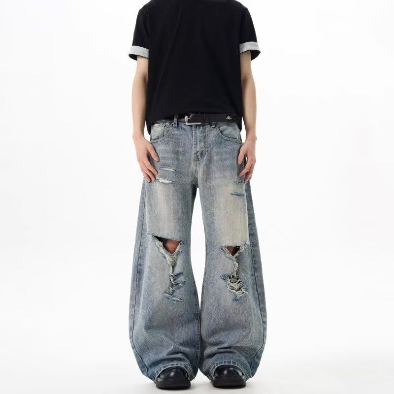 BOY Vintage Distressed Trendy Straight-Leg Jeans For Men, Spring And Autumn Design, Loose Fit, Versatile Wide-Leg Pants,_mkmklike.com
