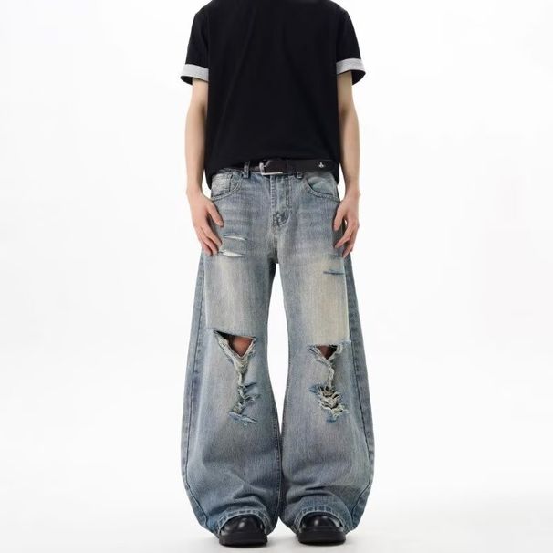 BOY Vintage Distressed Trendy Straight-Leg Jeans For Men, Spring And Autumn Design, Loose Fit, Versatile Wide-Leg Pants,_mkmklike.com