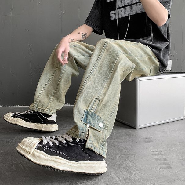 Nordmann American Jeans For Men Spring And Autumn High Street Cool High-End Feel Vibe Style Split Hem Mud Yellow Casual Pants_mkmklike.com