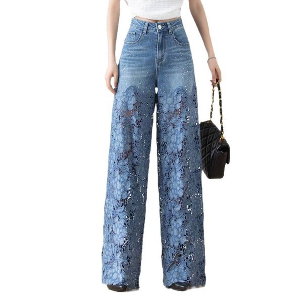 Women's High-Waisted Cat Whiskers Lace Patchwork Hollowed out Denim Jeans European American Style Washed Baggy Straight Leg Trousers_mkmklike.com