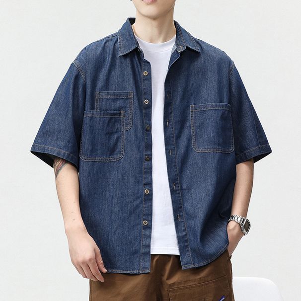 Men's Clothing Fashion Loose Washed Denim Short Sleeved Shirt Trendy Street Wear Short Sleeved Shirt_mkmklike.com