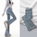 Light Blue Fringed Micro-flare Jeans For Women, Spring Season, With Raw Edge Design, Stretchy, Slimming, Niche Style,_mkmklike.com