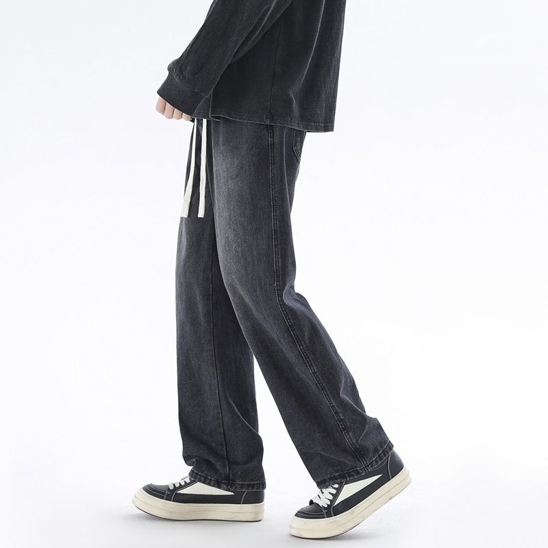 Shanggu Men's Clothing, Elastic Lace-Up Straight Jeans Men's Hong Kong Style Versatile Washed Long Tube Casual Boys Wide Leg Pants_mkmklike.com
