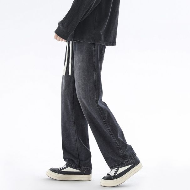 Shanggu Men's Clothing, Elastic Lace-Up Straight Jeans Men's Hong Kong Style Versatile Washed Long Tube Casual Boys Wide Leg Pants_mkmklike.com