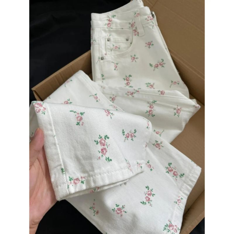 Floral Print High-Waist Wide-Leg Jeans – Summer Lightweight Denim Pants With Flowy Fit (White, S-Xl)_mkmklike.com