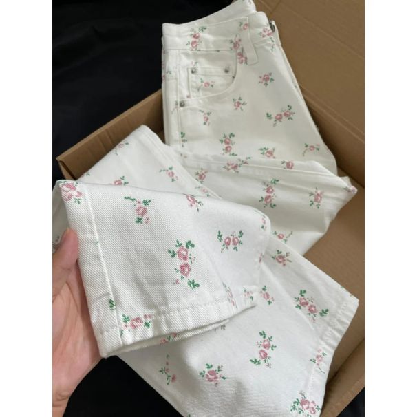 Floral Print High-Waist Wide-Leg Jeans – Summer Lightweight Denim Pants With Flowy Fit (White, S-Xl)_mkmklike.com