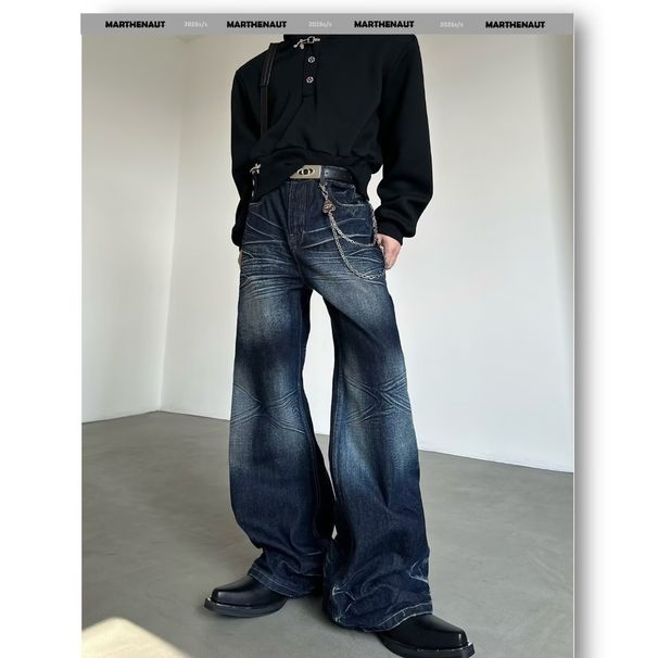 Slub Texture Curved Hem Denim Jeans Unisex Straight Leg Vintage Washed Distressed Casual Pants Unisex Straight Leg Cut_mkmklike.com