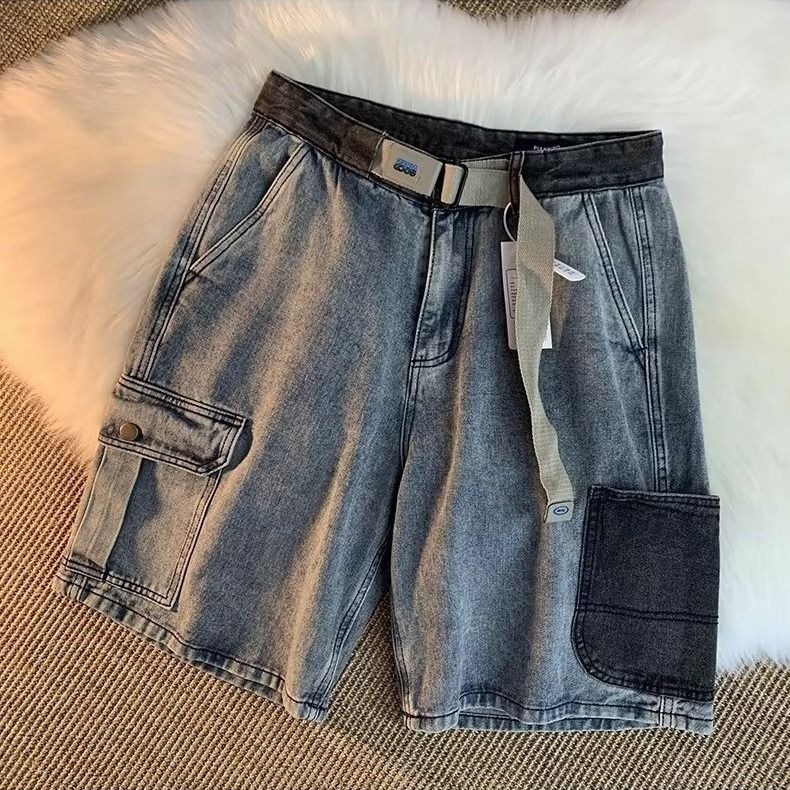 Unisex Retro Washed Denim Shorts Loose Fit Summer Casual Multi Pocket Trendy Street Style Cargo Pants_mkmklike.com