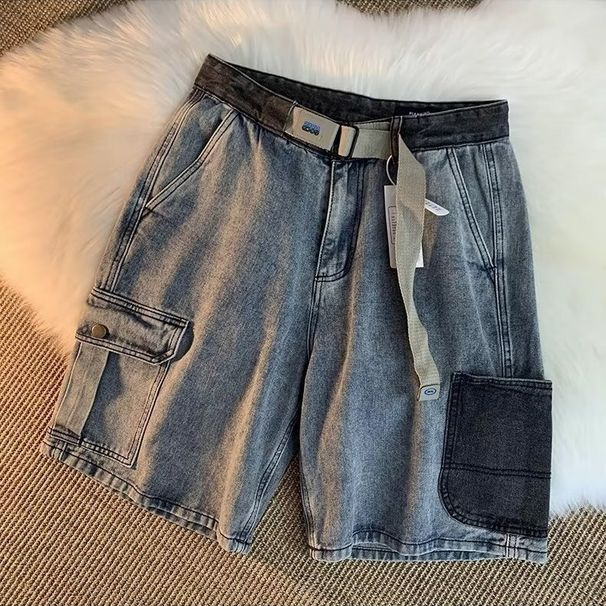 Unisex Retro Washed Denim Shorts Loose Fit Summer Casual Multi Pocket Trendy Street Style Cargo Pants_mkmklike.com